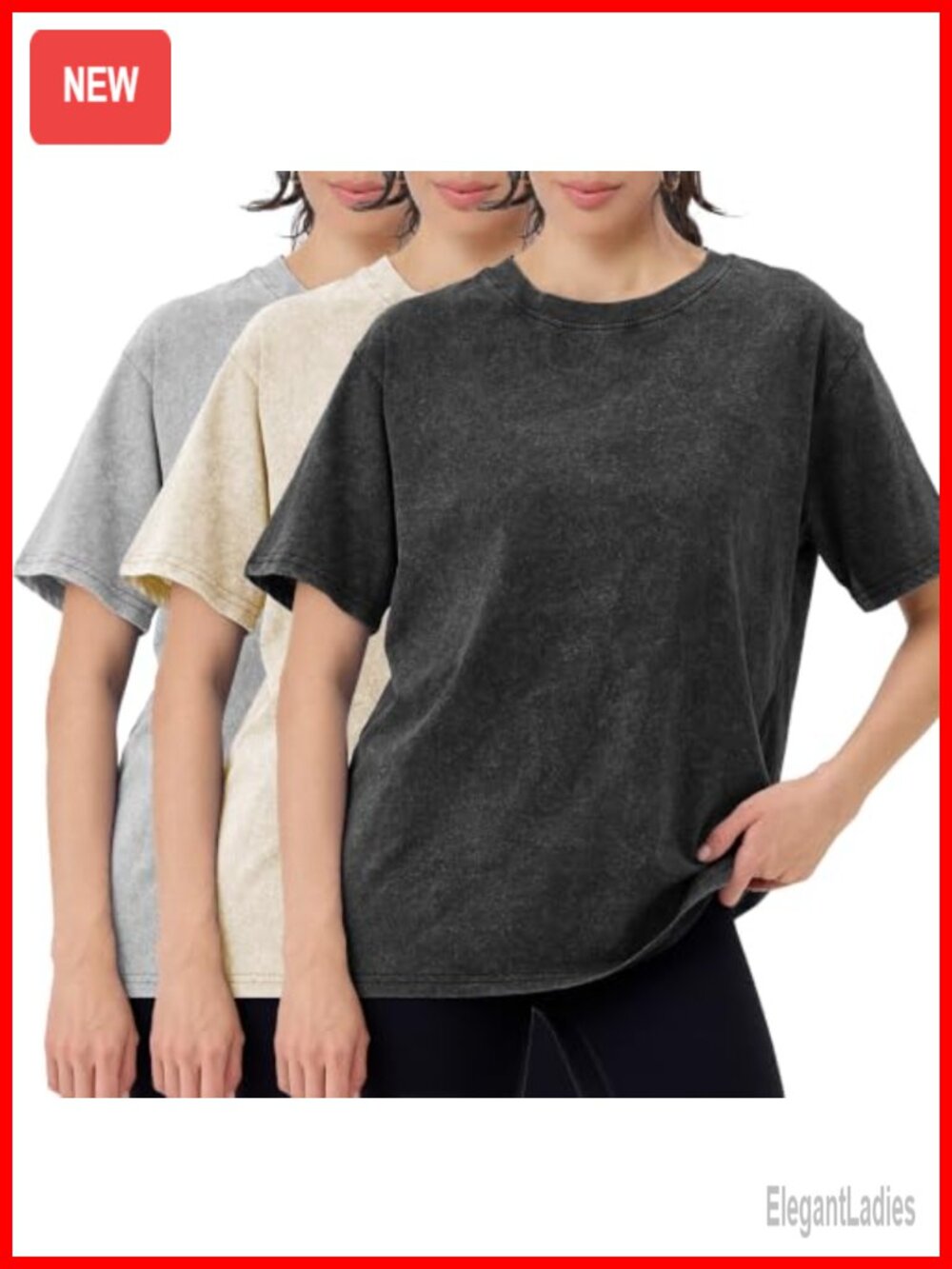 Women's 3 Pack Oversized Acid Washed Cotton T-Shirts Crew Neck Short Sleeve